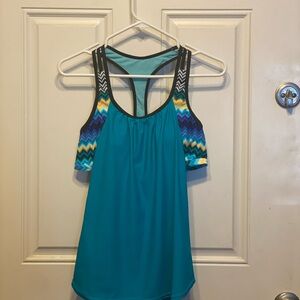 Teal and Multi-color Y Back Tank Top Swimwear with Black Boy Shorts size S